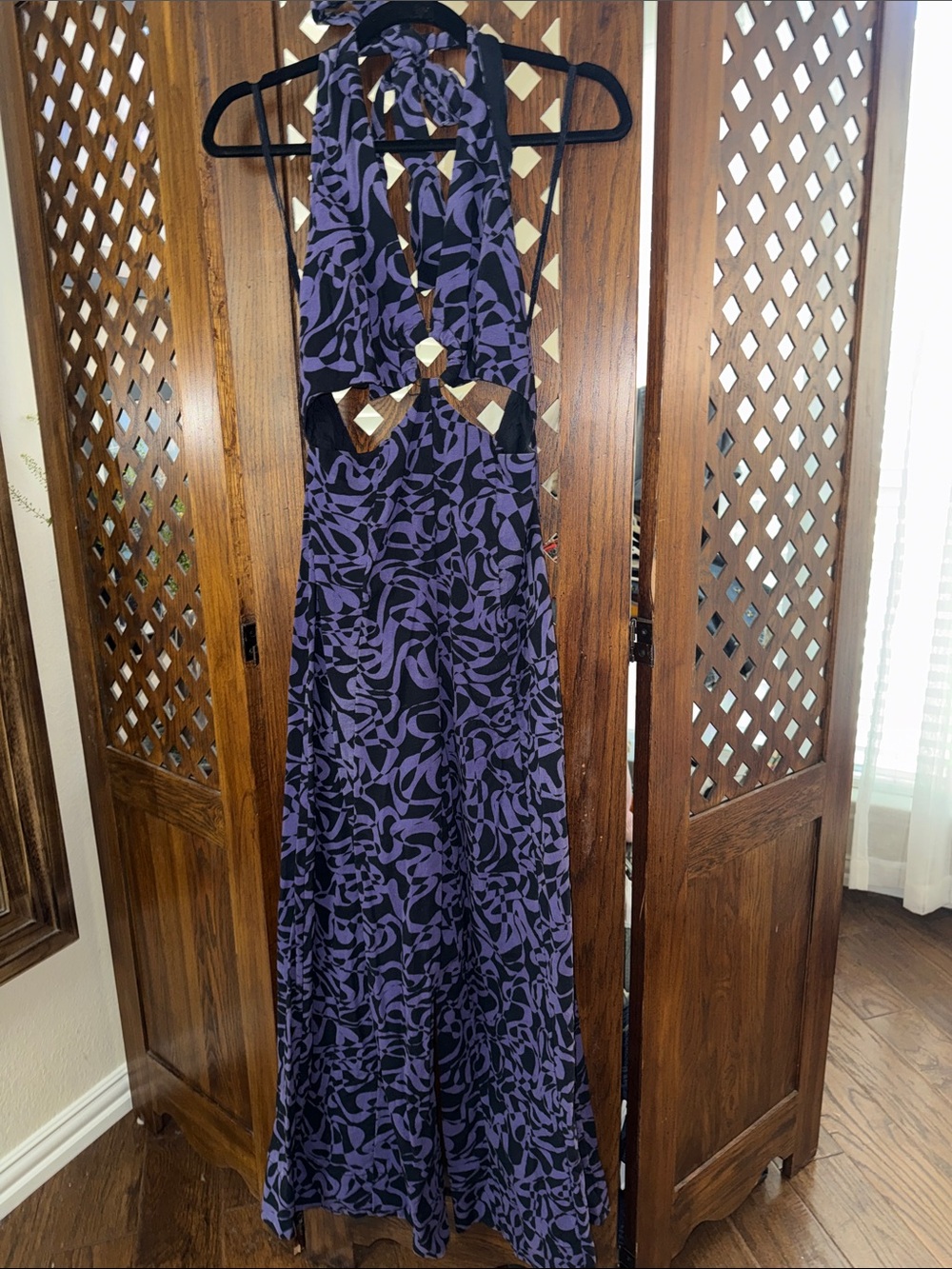Free People Purple and Black Halter Maxi Jumpsuit with Abstract Print